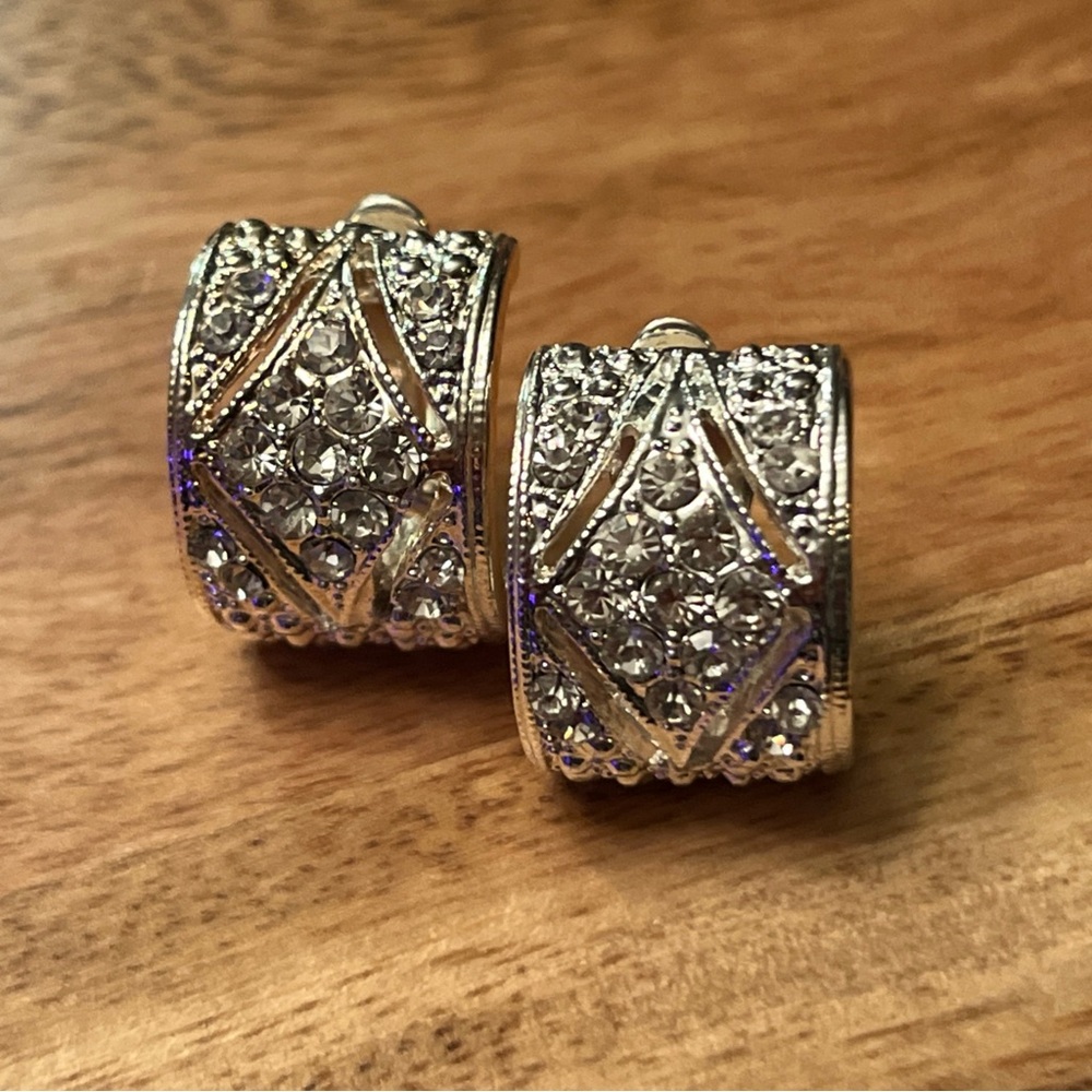 Vintage Crown Trifari Silver Rhinestone Half Hoop clip-on Earrings